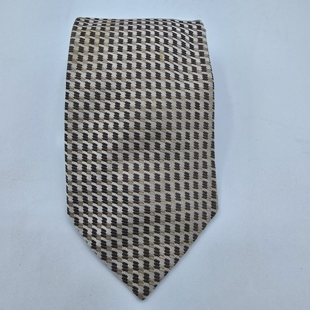 Jhane Barnes 100% Silk Necktie Designer Geometric Tan White, 58 X 4 Inch Vintage